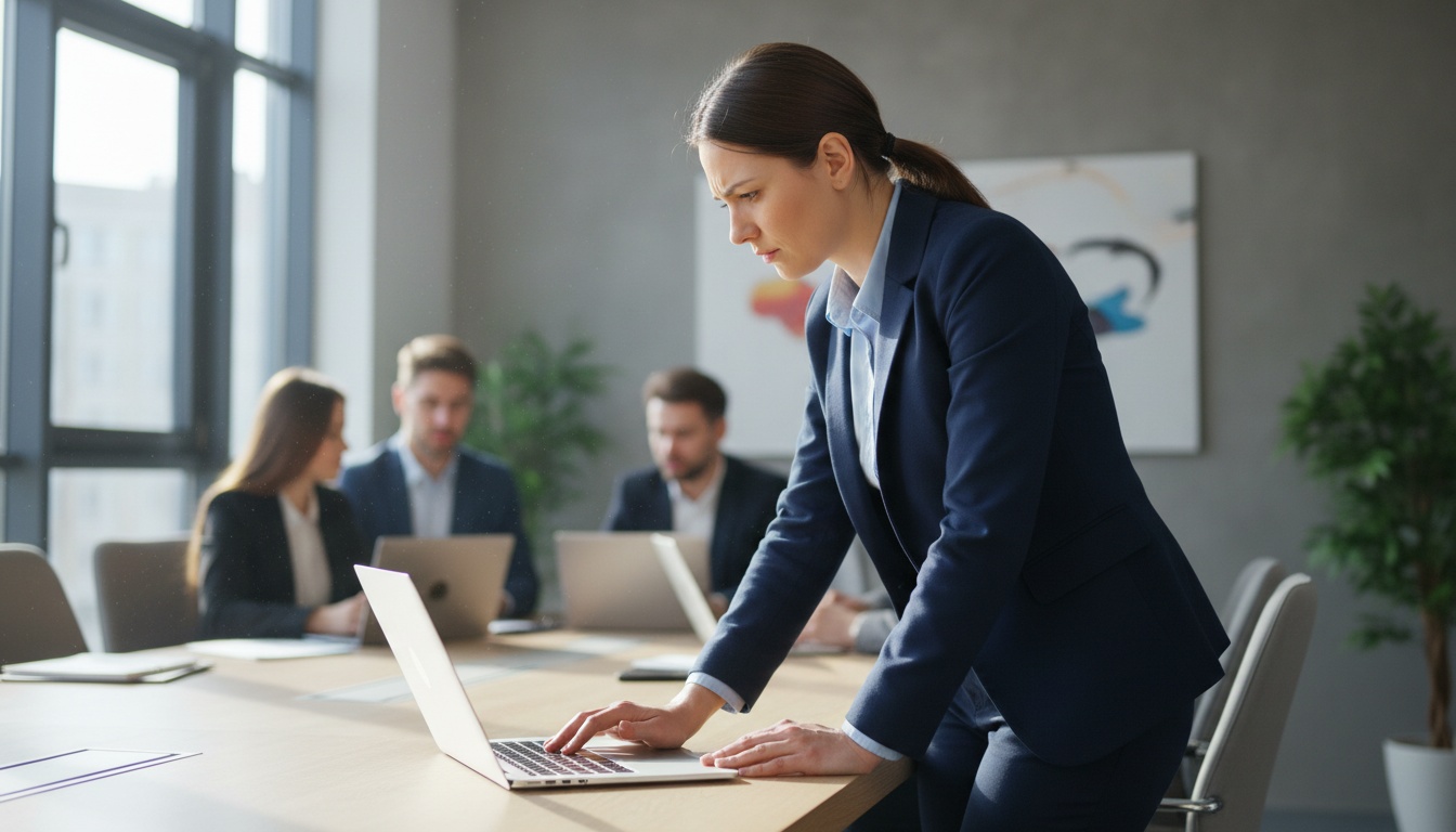 Professional woman in business meeting looking thoughtful and uncertain while colleagues work around her, capturing the mental strain of workplace communication.