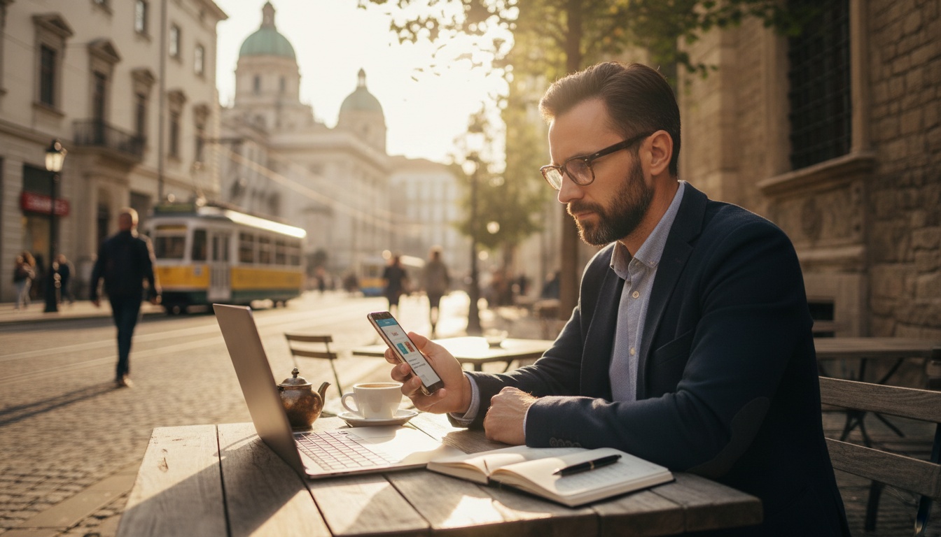 Expat learner using smartphone language app at outdoor café while referencing laptop notes, blending technology with traditional study methods