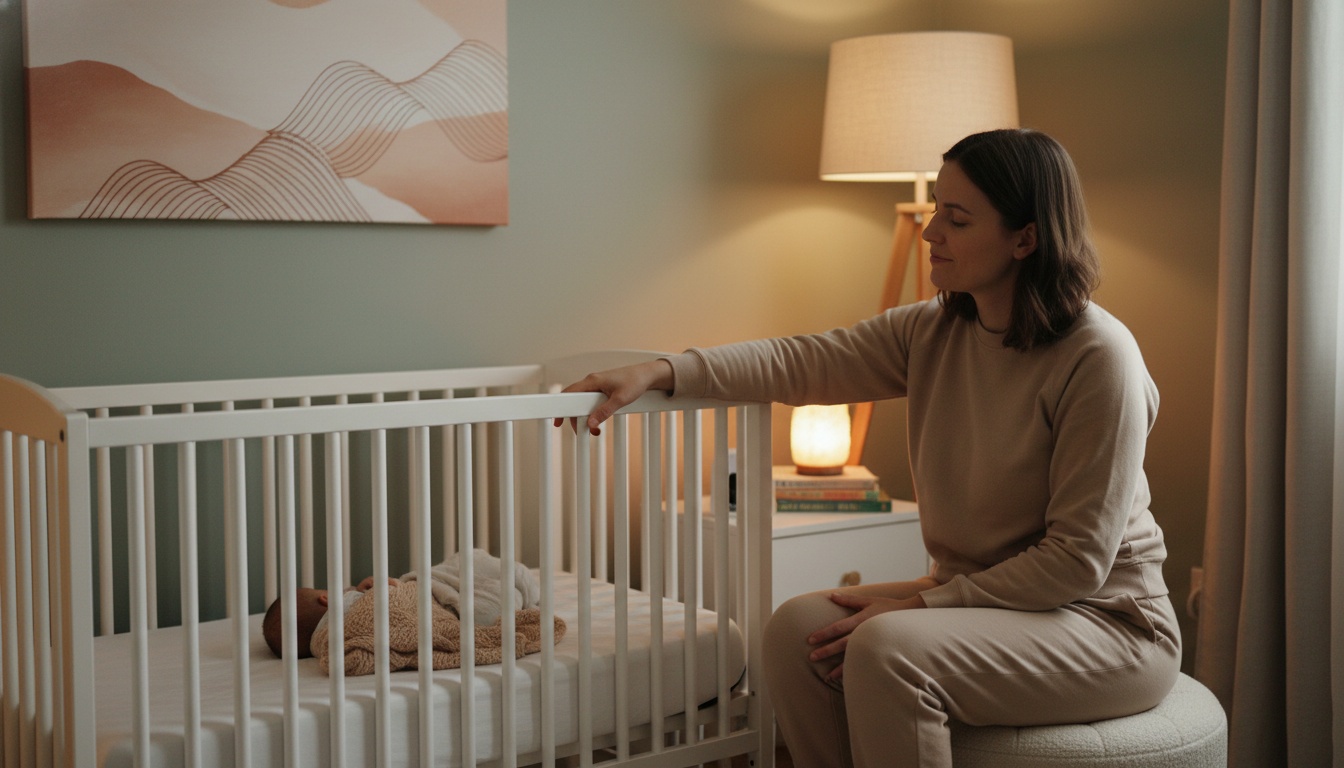 Parent beside crib with gentle hand contact, representing supportive sleep training methods and emotional connection during bedtime routines.