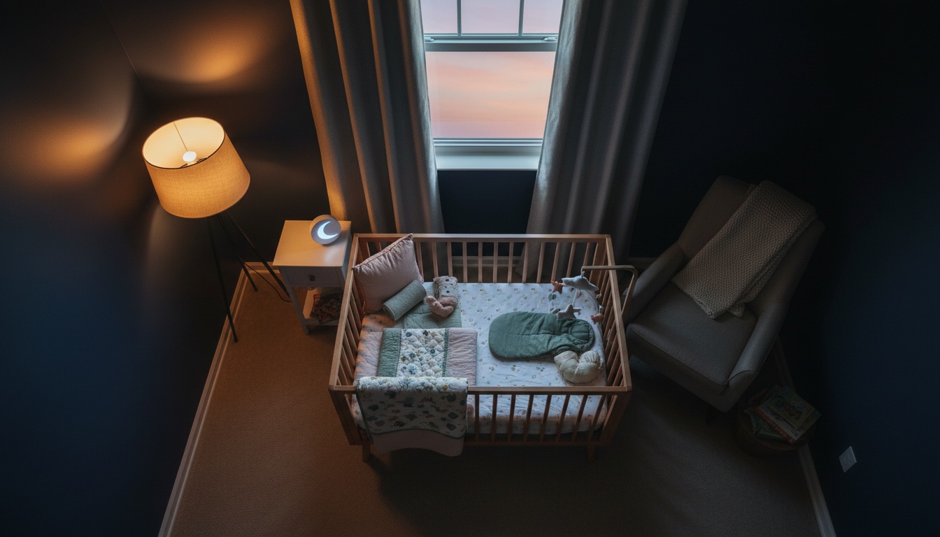 Serene nursery room with dim lighting, dark walls, and a comfortable crib setup representing an optimal sleep training environment.