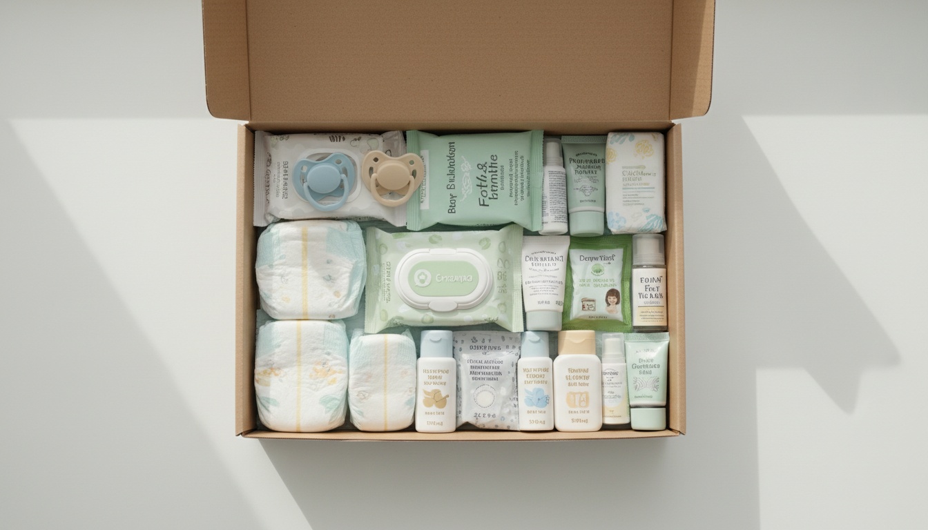 Open baby sample box filled with organized diapers, wipes, formula samples, pacifiers, and baby care products arranged neatly on a white background.