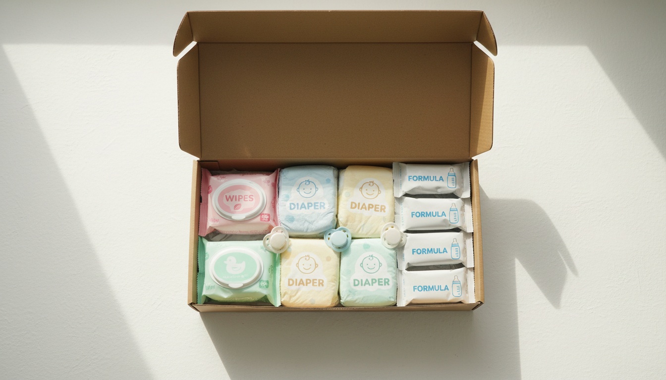 Open baby sample box containing neatly arranged diaper packages, formula packets, and wipe samples displayed from above on a clean white surface.