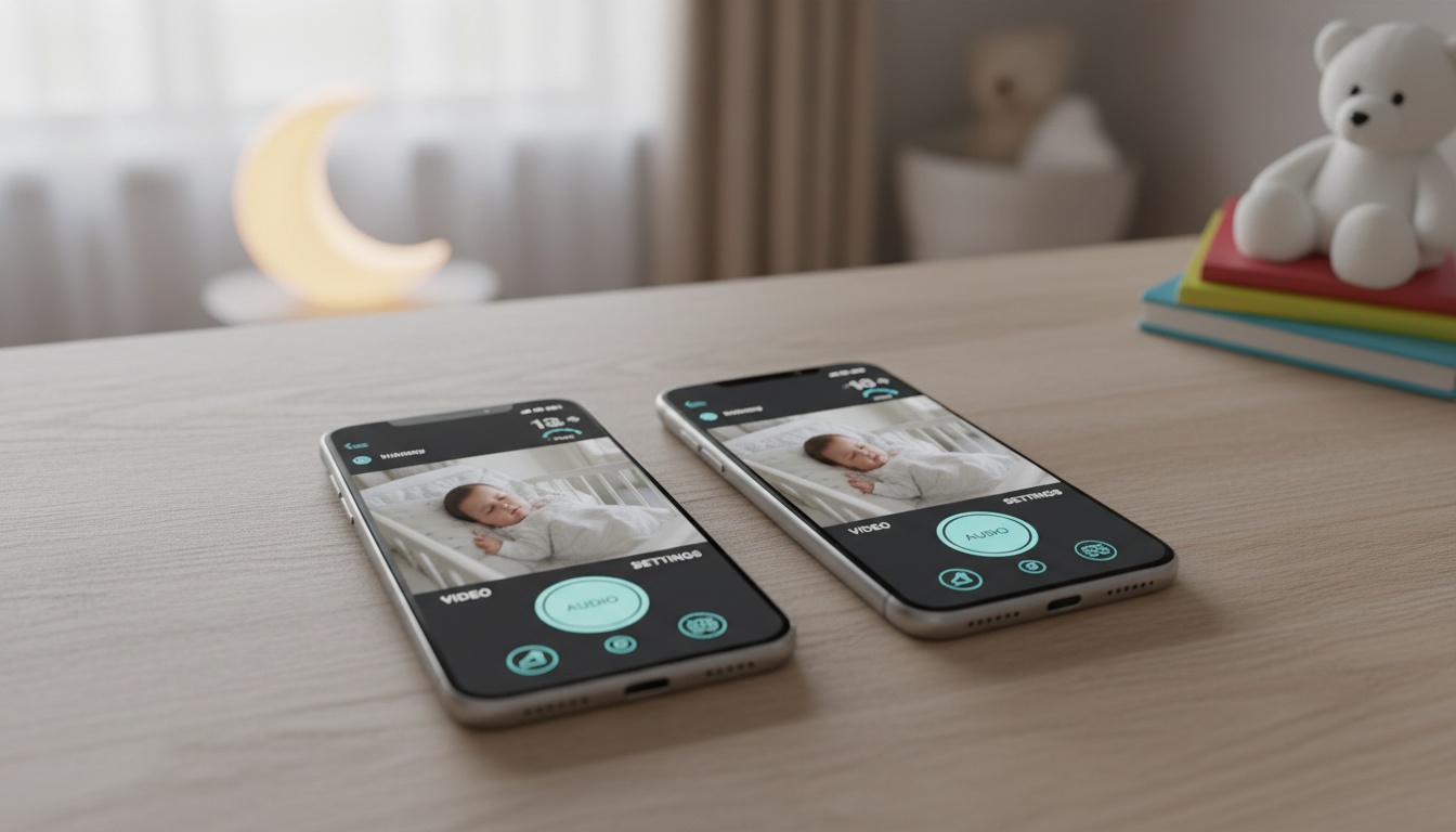 Two smartphones side-by-side showing baby monitor app video feeds with a blurred nursery room in the background, demonstrating wireless monitoring setup.