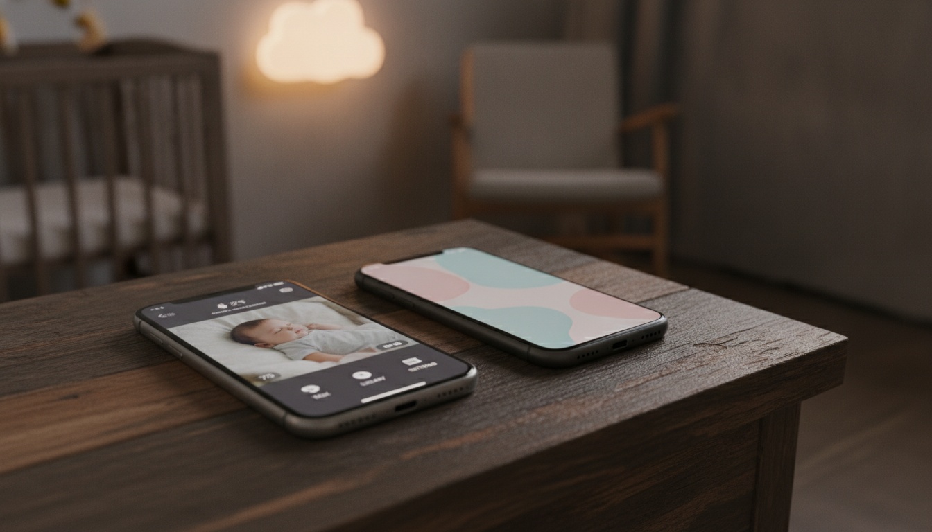 Two smartphones positioned together showing a baby monitor app setup, demonstrating the parent and baby device pairing process in a home environment.