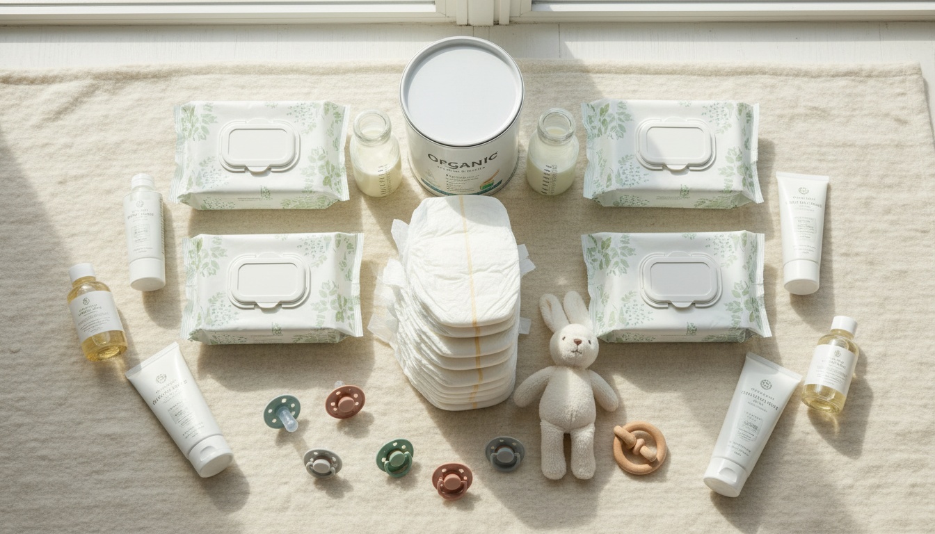 Assorted baby care products and supplies neatly arranged on a neutral surface, showcasing typical items included in free sample programs