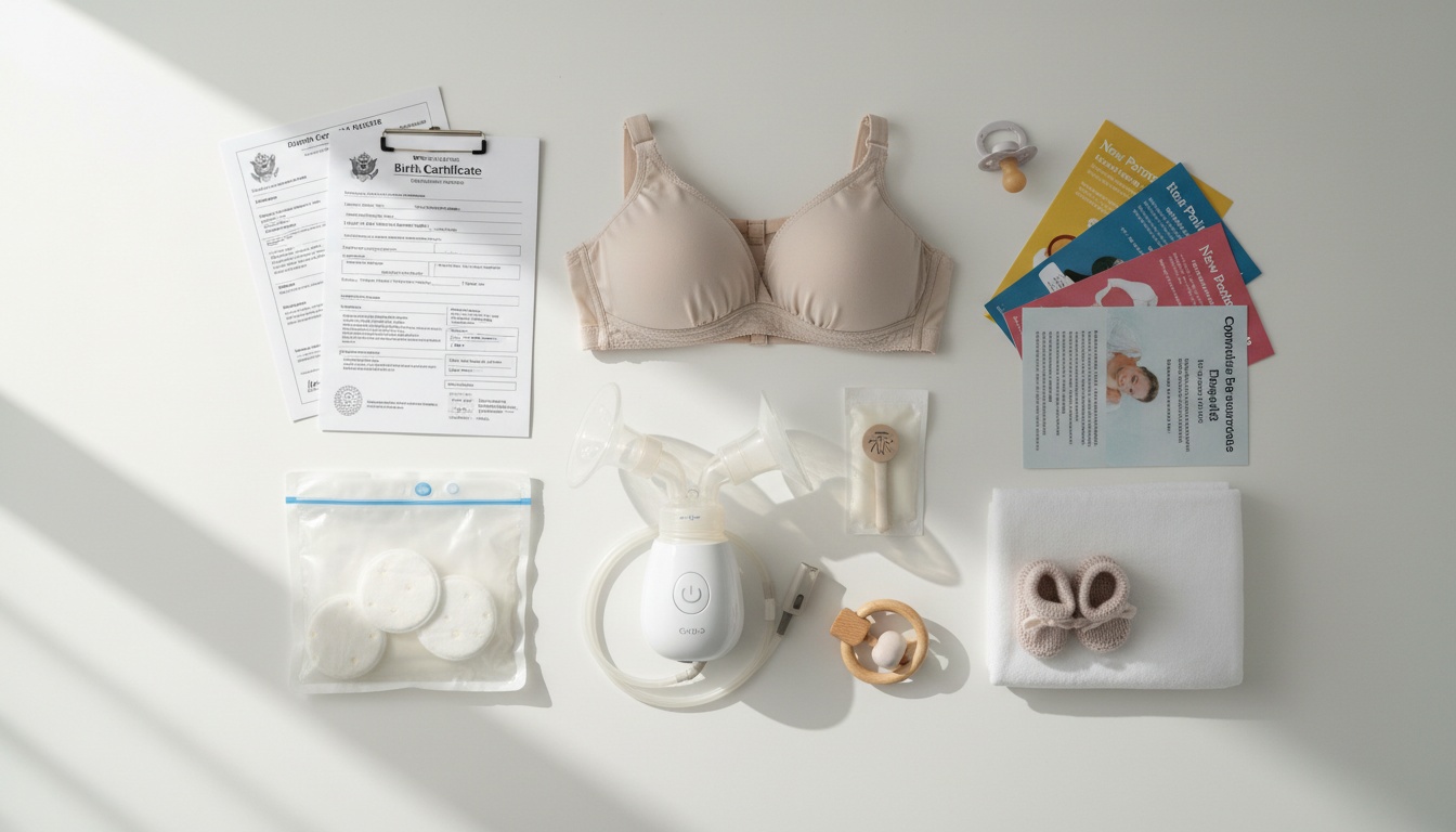 Organized collection of baby care items and resource documents displayed flat, representing different types of free baby assistance programs and supplies available to new parents.