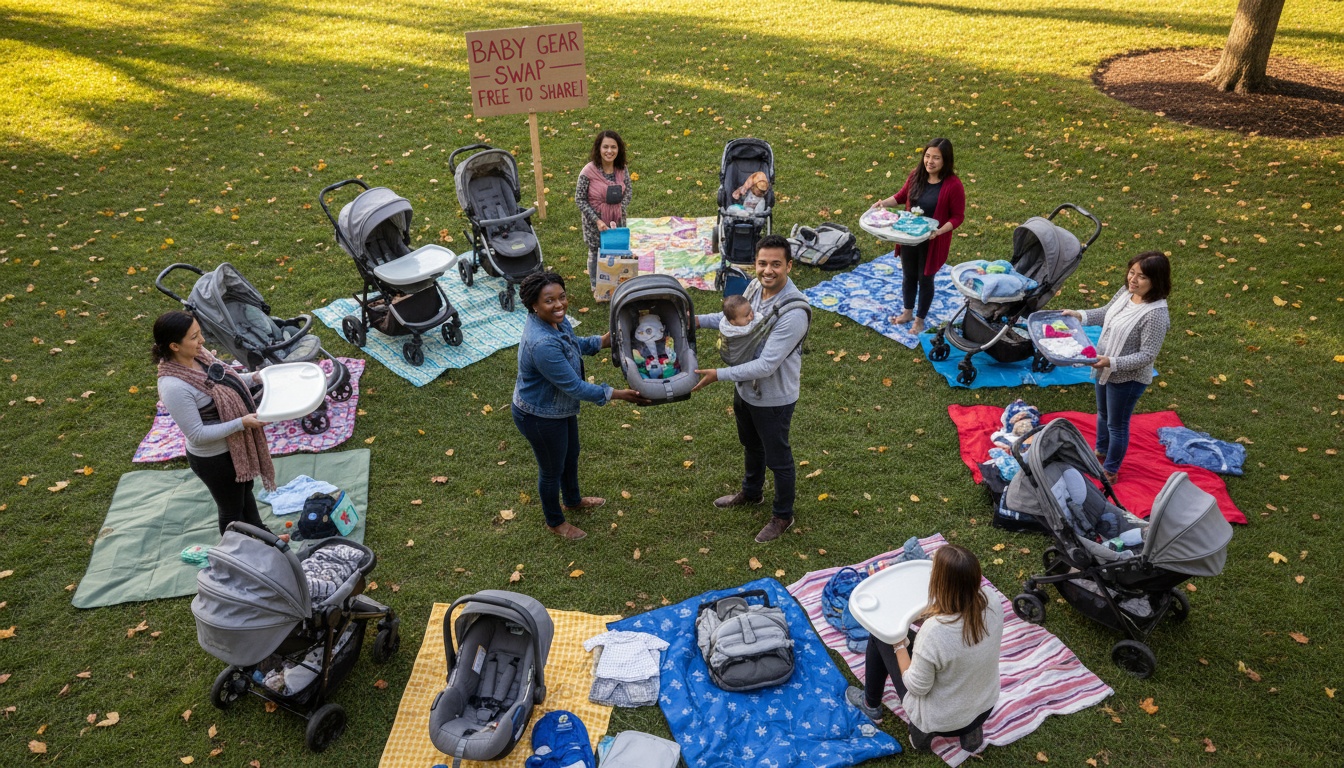 Parents exchanging baby gear at a community swap event, showing shared resources and collaborative parenting support in action.