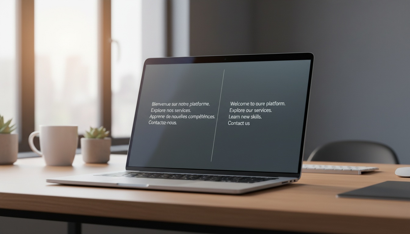 Laptop screen showing French-to-English translation side-by-side, representing language translation tools and comparison, clean professional workspace setup.