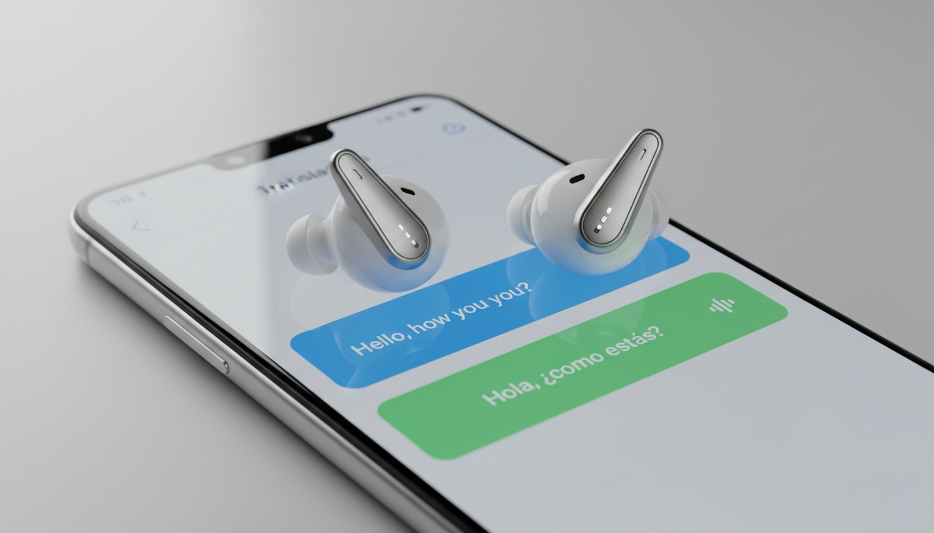 Наушники Galaxy Buds 3 Pro рядом со смартфоном, на экране которого отображается интерфейс перевода в реальном времени — режим переводчика с поддержкой ИИ.
