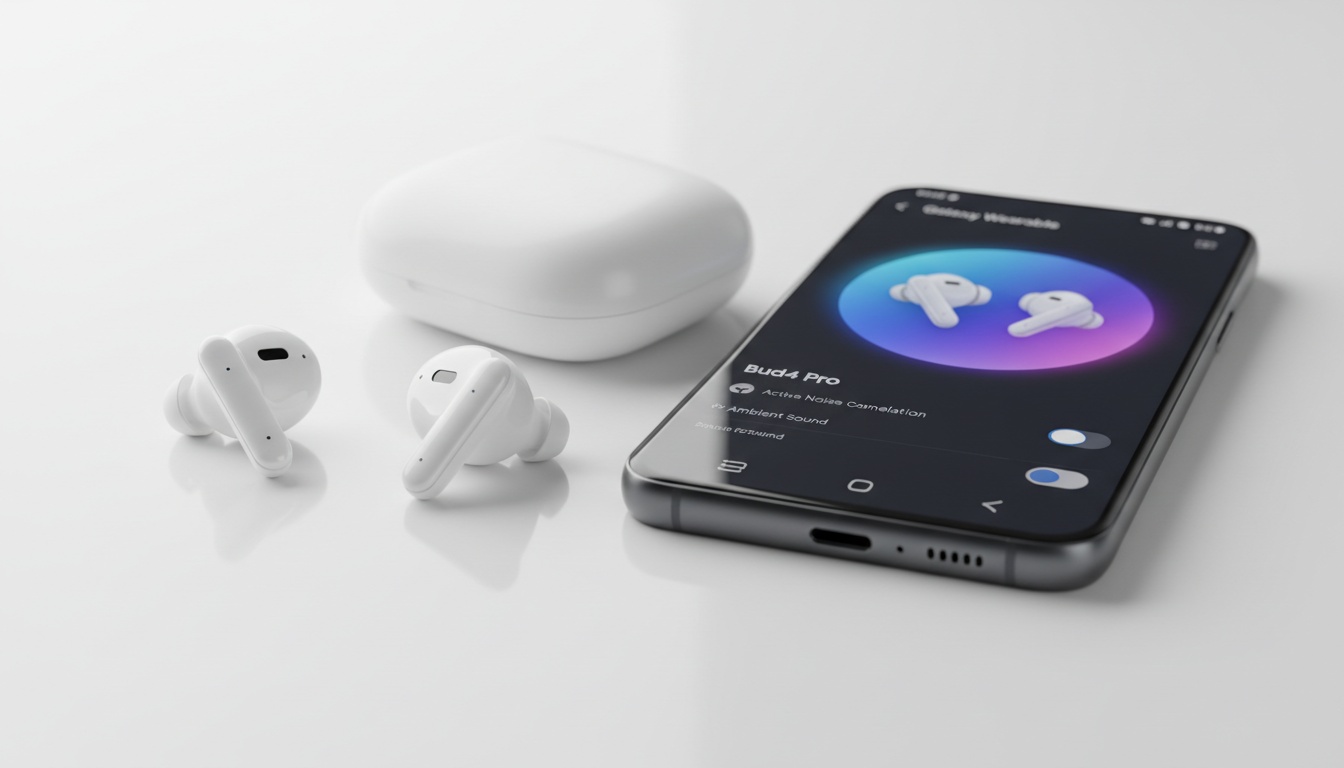 Наушники Galaxy Buds3 Pro рядом со смартфоном, на экране которого открыто приложение Galaxy Buds Manager.