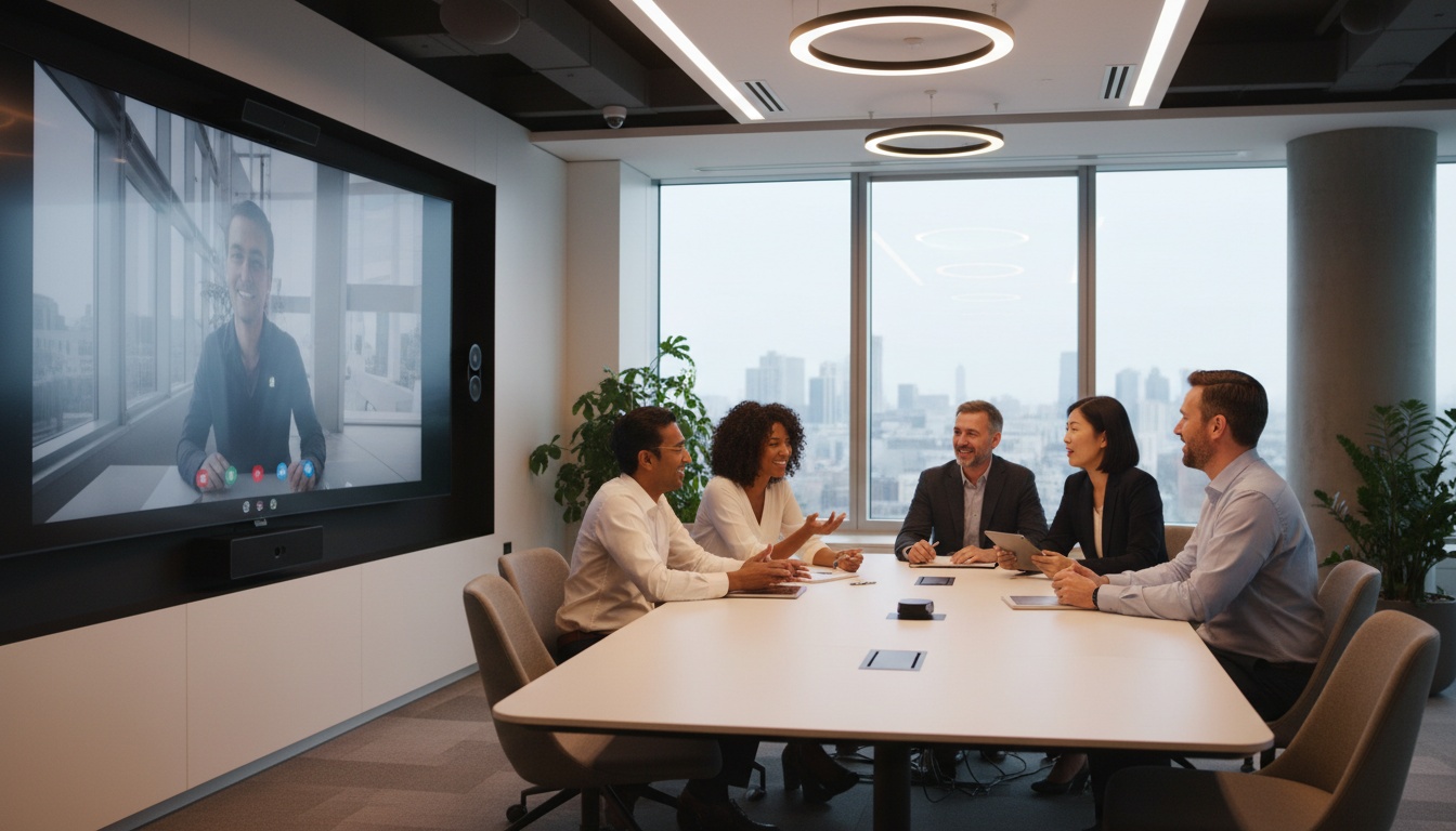 Diverse professionals on a multilingual video call, with translated speech flowing continuously between speakers.