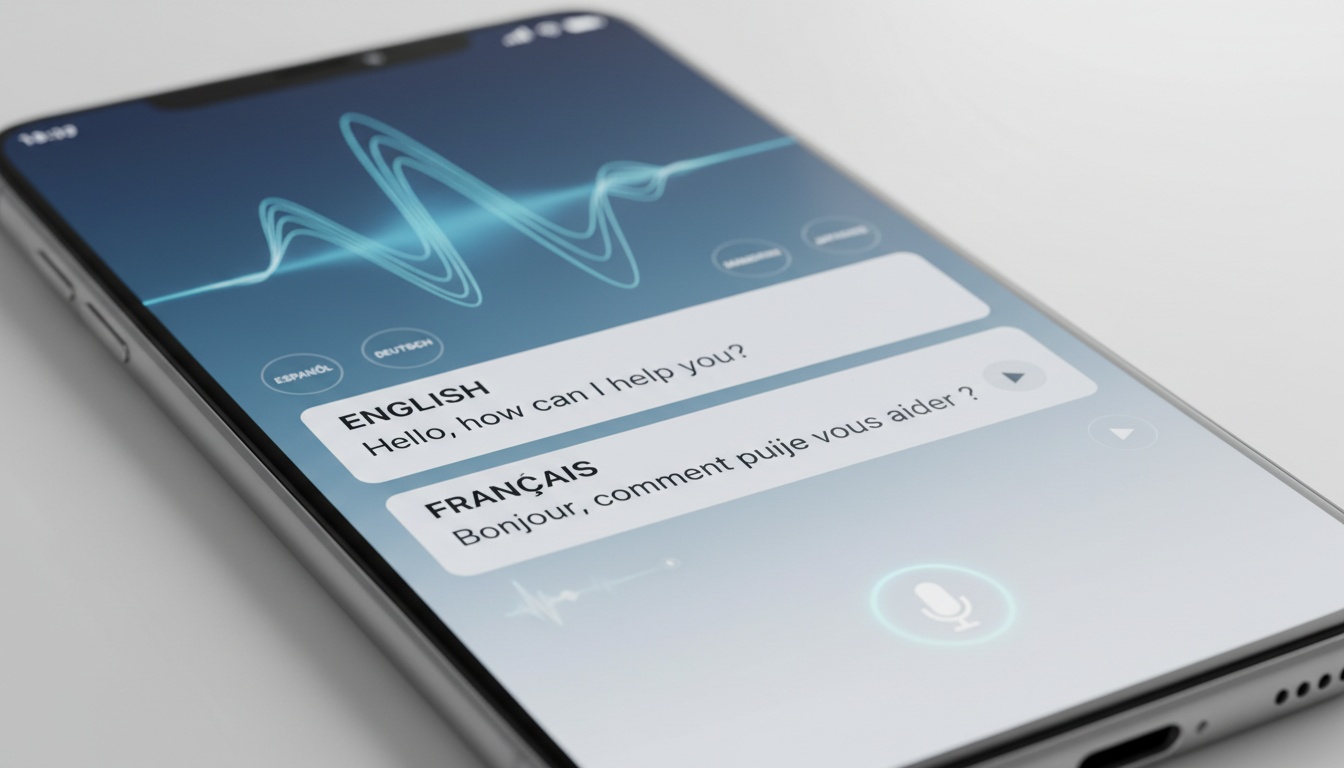 Smartphone displaying a streaming voice translation interface with audio waveforms and language selection.