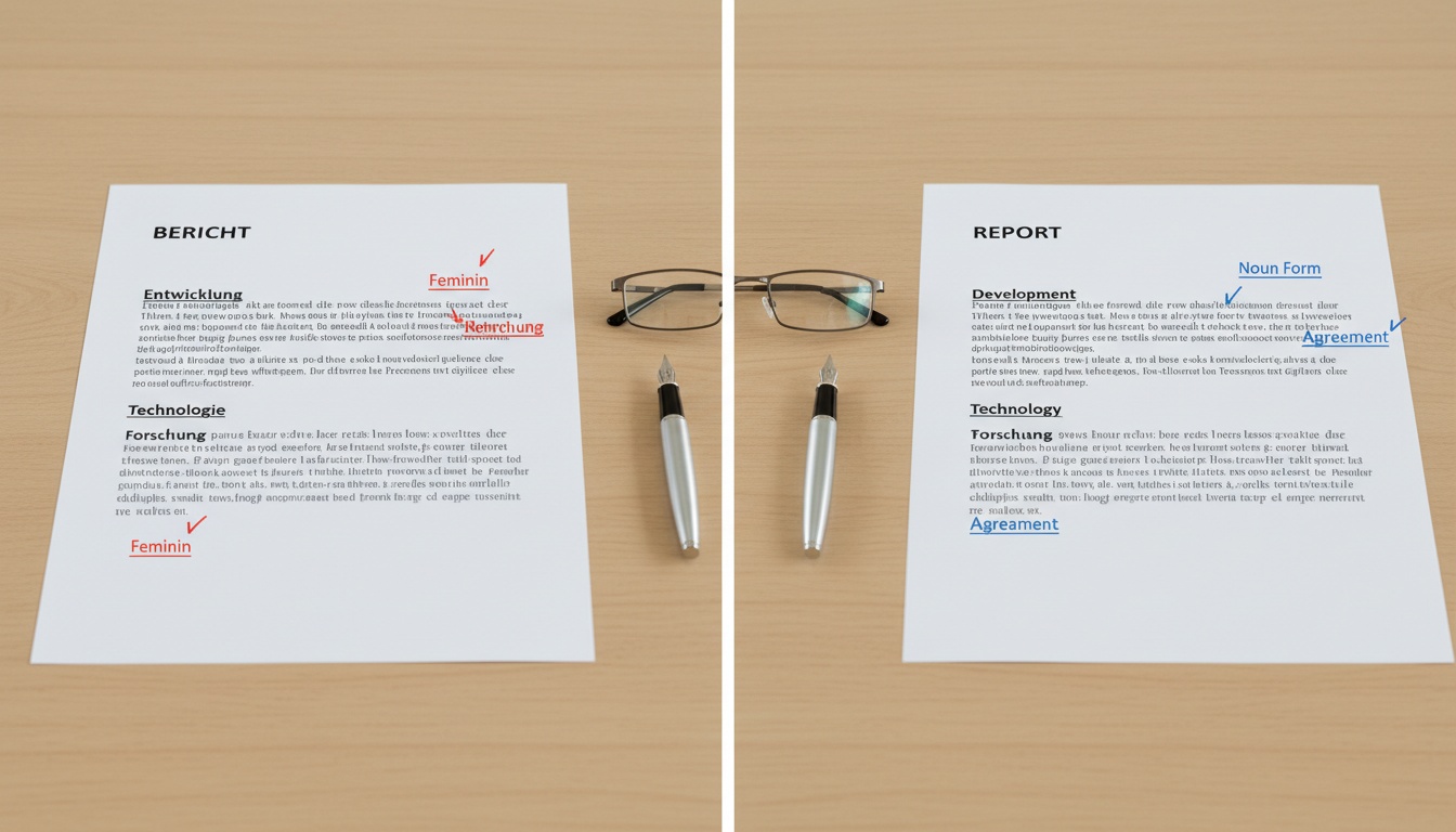 Split-screen desk setup displaying German and English documents positioned side-by-side, representing language comparison and translation challenges in professional context.