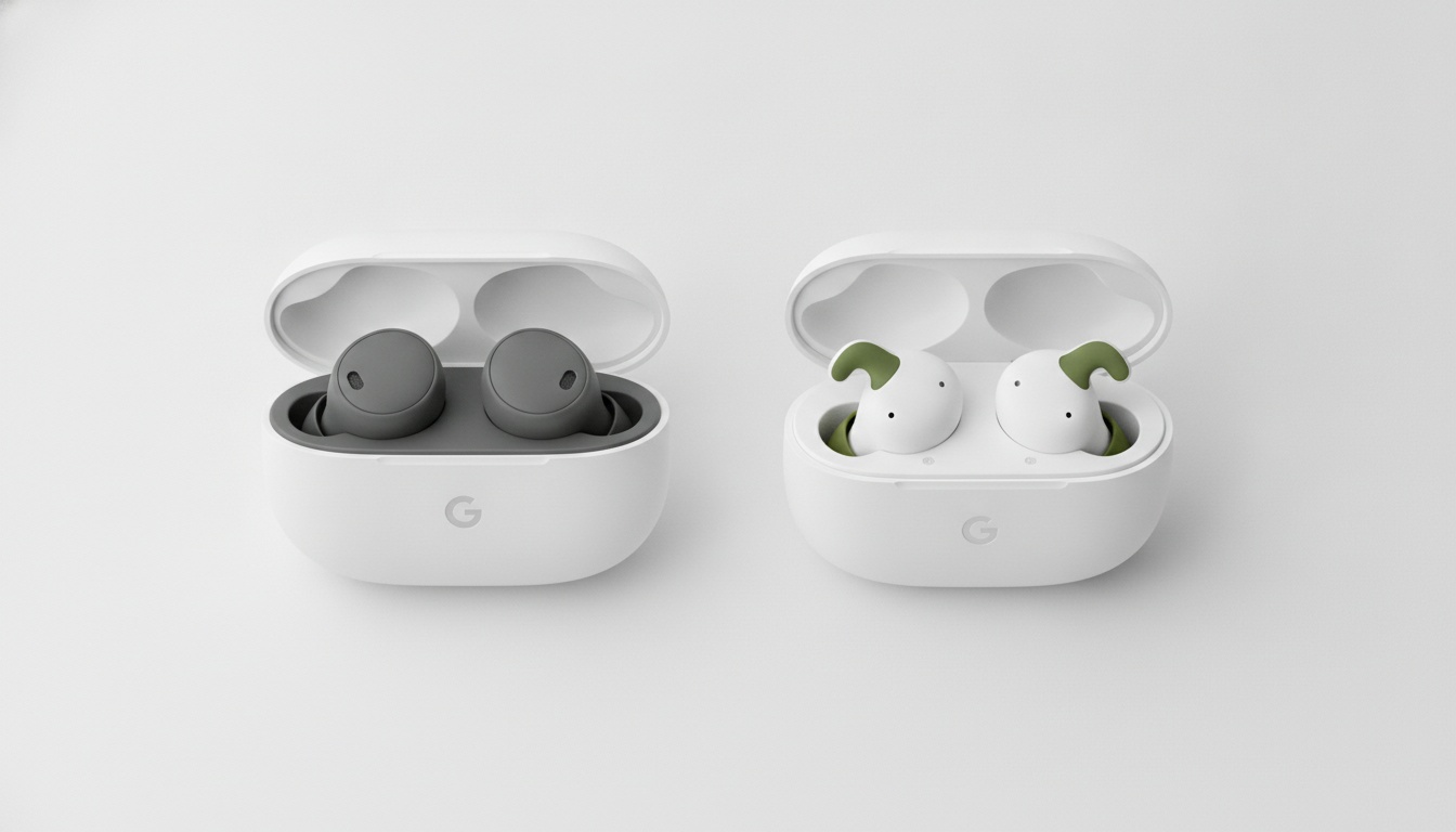 兩款 Google Pixel Buds 耳機分別放在打開的充電盒中，並排放置於中性背景上，供產品比較參考。