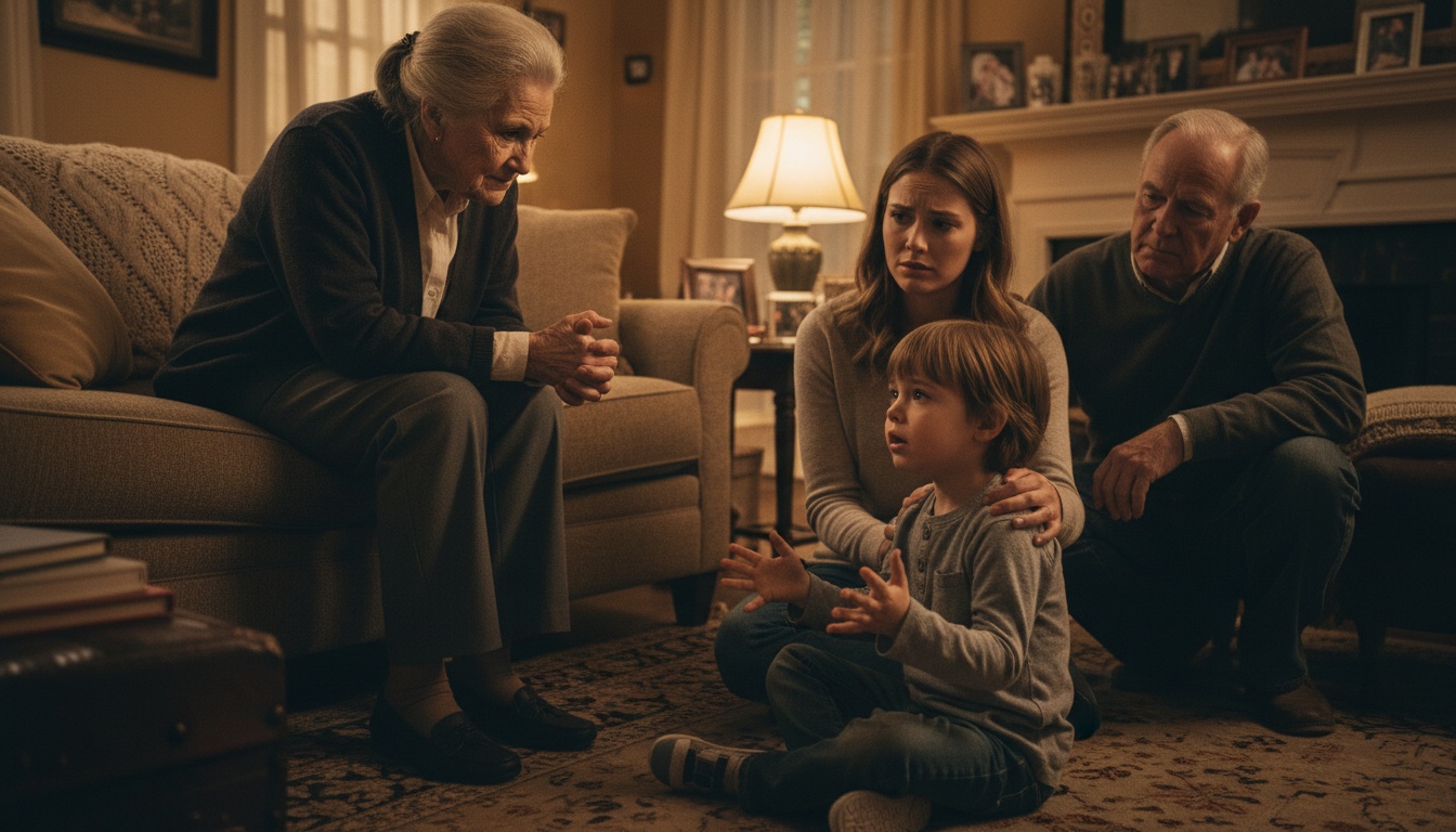 Elderly grandmother and young grandchild sit together, grandmother looking confused while child speaks, illustrating language barrier between generations.