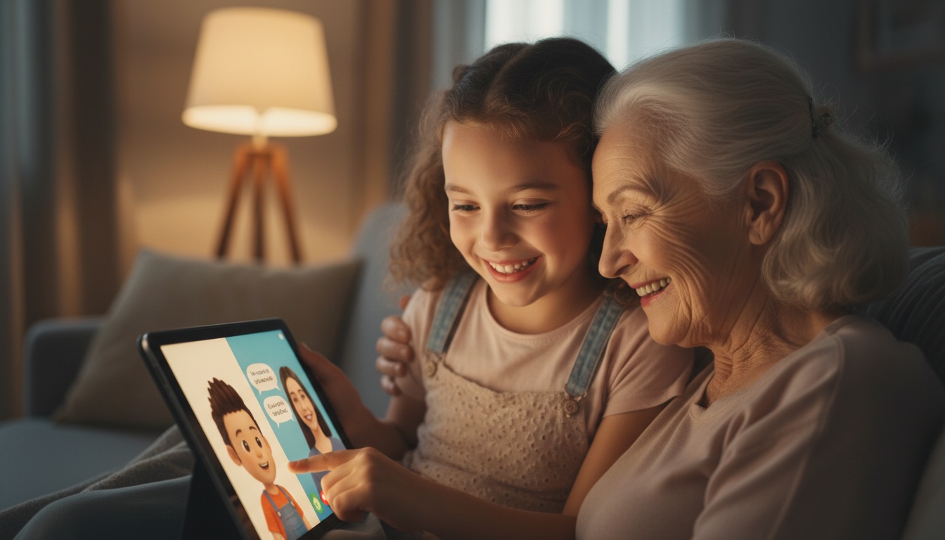 Smiling grandmother and granddaughter bonding over a tablet together, representing intergenerational language learning and digital connection between family members.