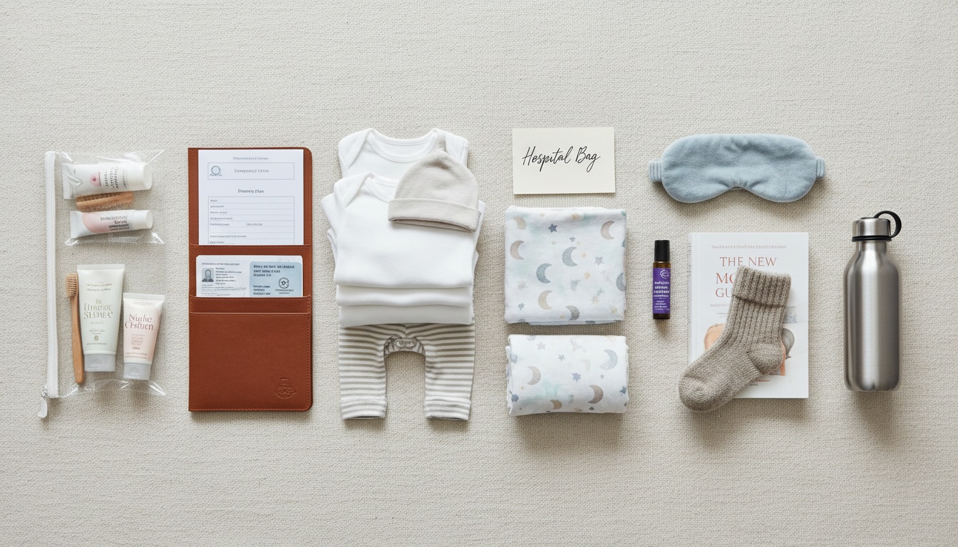 Organized hospital bag contents displayed flat lay style showing neatly folded baby clothes, toiletries, documents, and maternity items arranged on a neutral surface