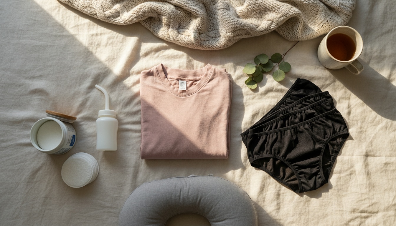 Flat lay of postpartum recovery items including loose pajamas, peri bottle, witch hazel pads, and disposable underwear on neutral bedding.