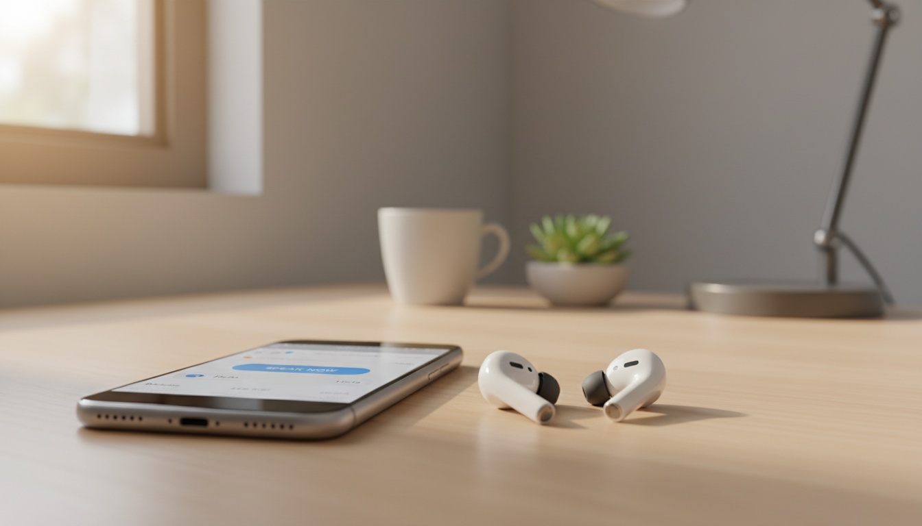 A pair of white wireless earbuds next to a smartphone on a clean desk, representing real-time translation technology.