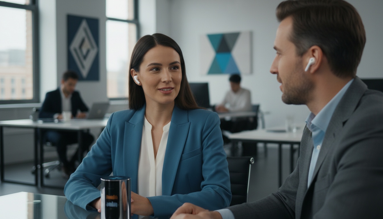 Two professionals engaged in conversation, one wearing a wireless earbud, illustrating real-world translation technology in a business environment.