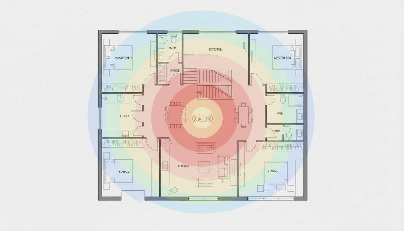 Overhead view of a home floor plan with color-coded signal coverage zones illustrating realistic baby monitor range through walls and multiple rooms.