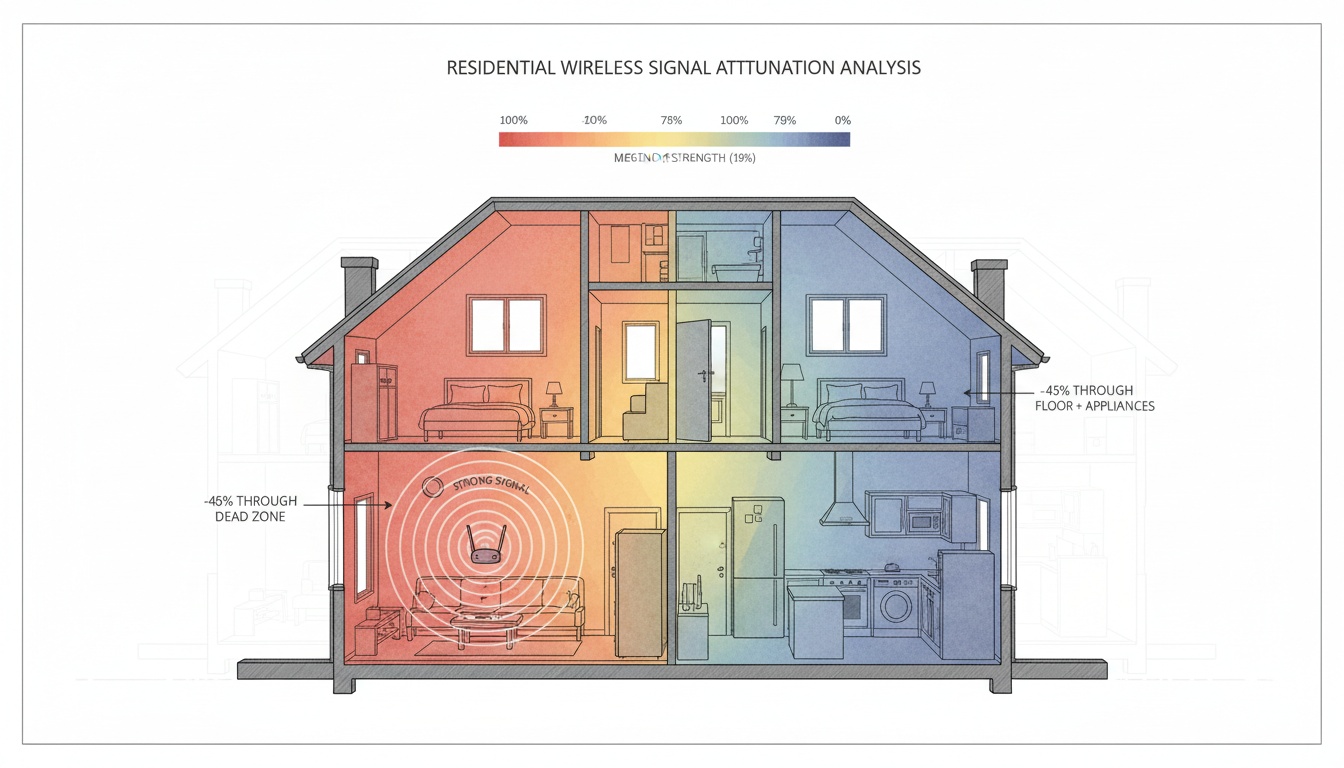 Cross-section diagram of a two-story home with color-coded zones showing wireless signal strength degradation through walls, floors, and household appliances.