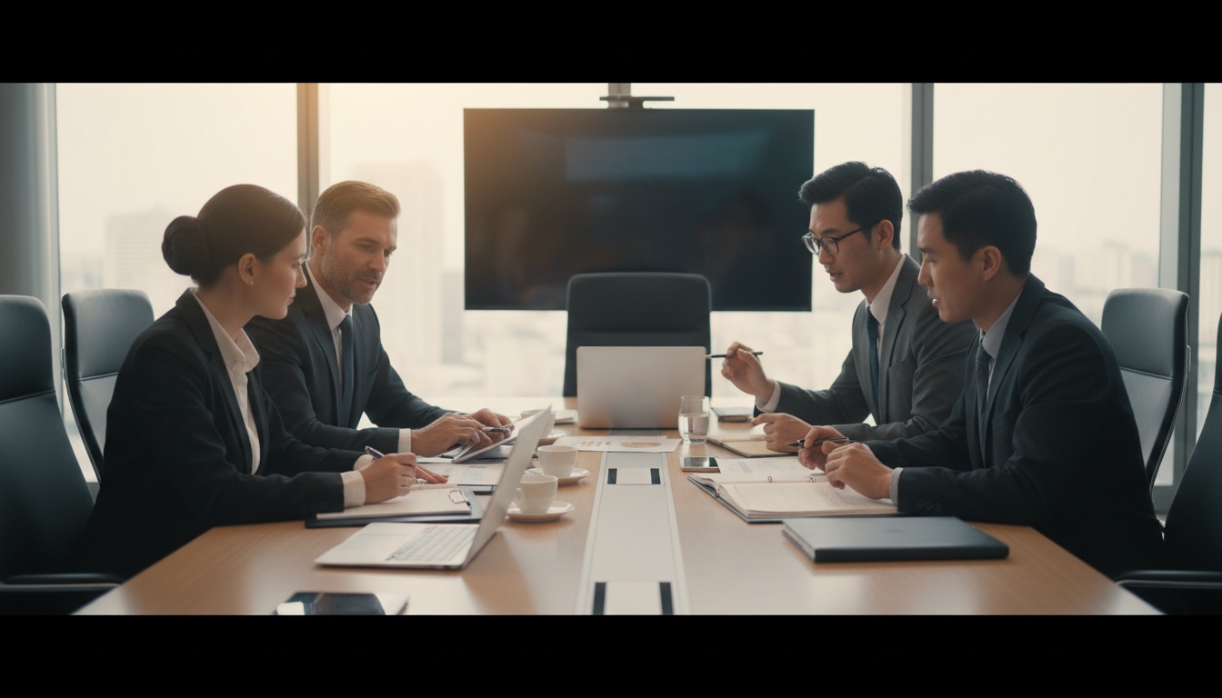 两位来自不同文化背景的商务专业人士在现代办公室的会议桌前审阅文件并握手