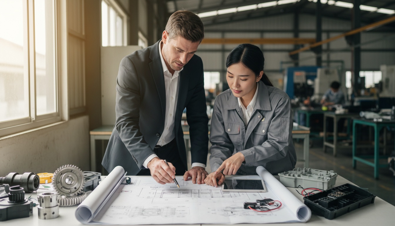 两位专业人士在工作台前一起检查技术图纸和产品样品,展示供应商谈判中的视觉沟通