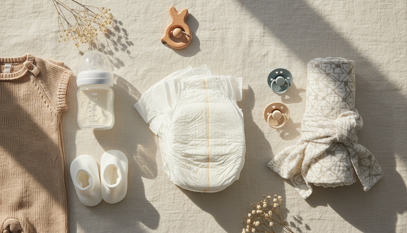 Flat lay arrangement of baby essentials including diapers, formula, clothing, and accessories on a neutral surface with warm lighting.