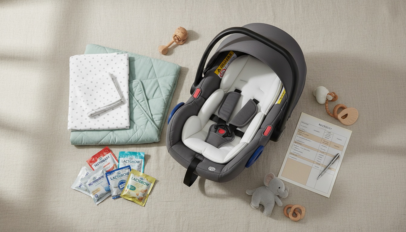 Flat lay arrangement of essential baby items including car seat, crib linens, formula samples, and registry paperwork on a neutral surface.
