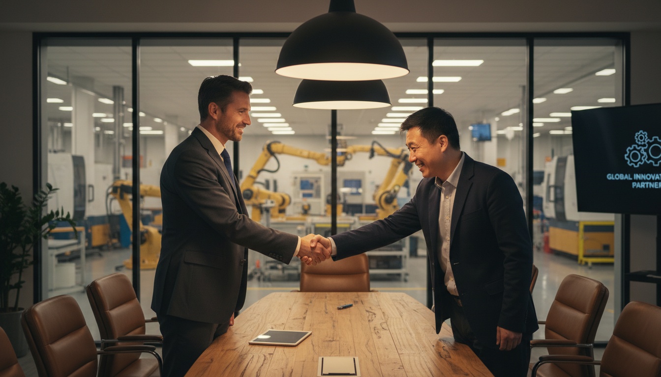 Dos profesionales de negocios dándose la mano a través de una mesa en una oficina moderna de fábrica, representando la confianza y construcción de relaciones en negociaciones manufactureras internacionales.