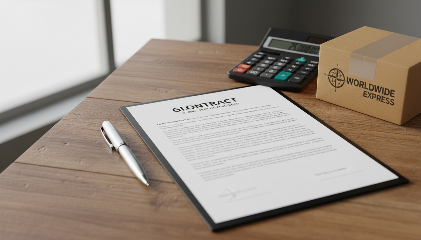 Documento de contrato con pluma y calculadora en escritorio, representando negociación de términos de pago y consideraciones de importación para acuerdos de manufactura.