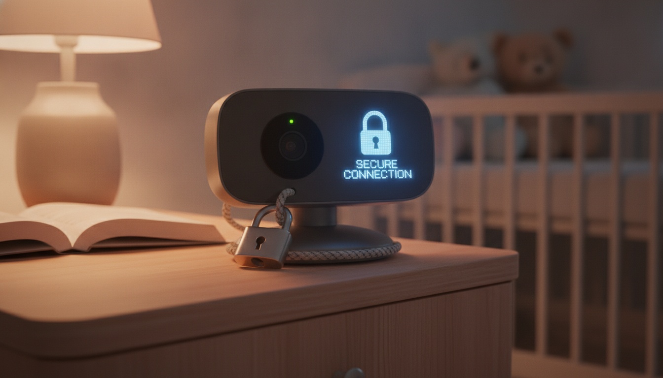 Close-up of a baby monitor with security padlock symbol, representing digital protection and safe home monitoring technology.