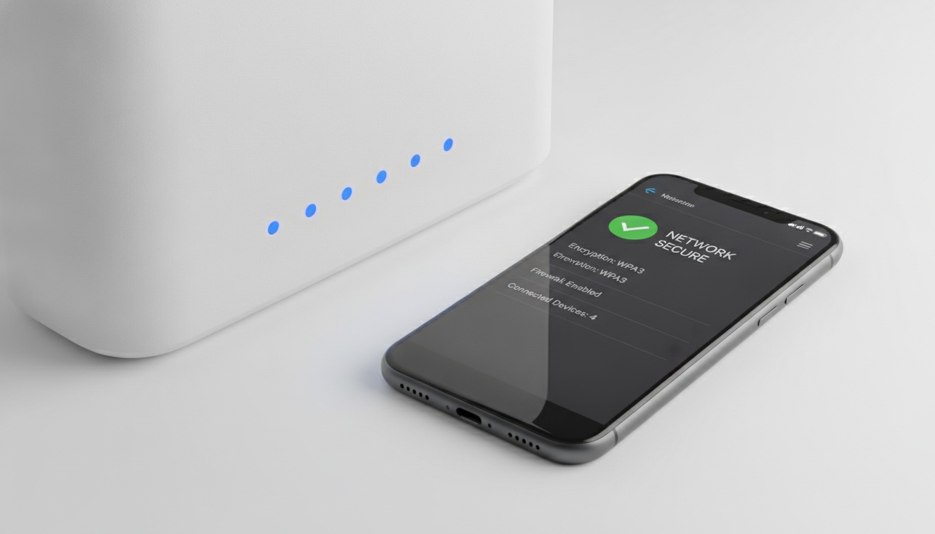 Modern WiFi router next to smartphone displaying security settings, representing network protection and home connectivity security measures.