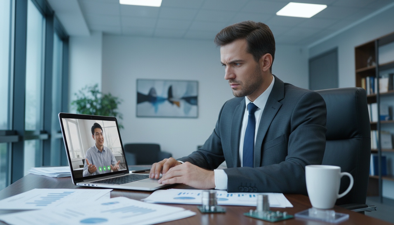 Business professional on video call with overseas supplier, surrounded by product samples and documentation, discussing sourcing details