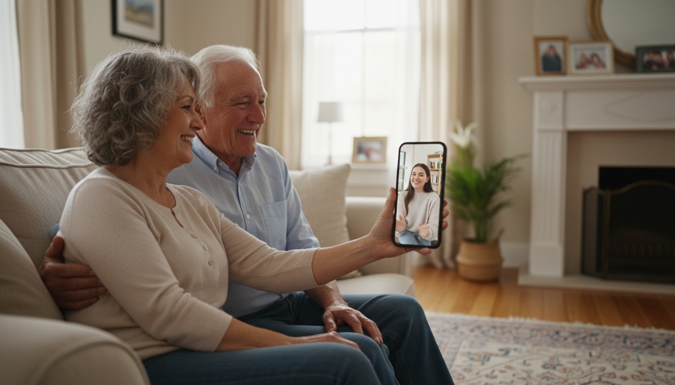 Multi-generational family having a warm conversation via smartphone video call, demonstrating cross-cultural communication and connection through technology.