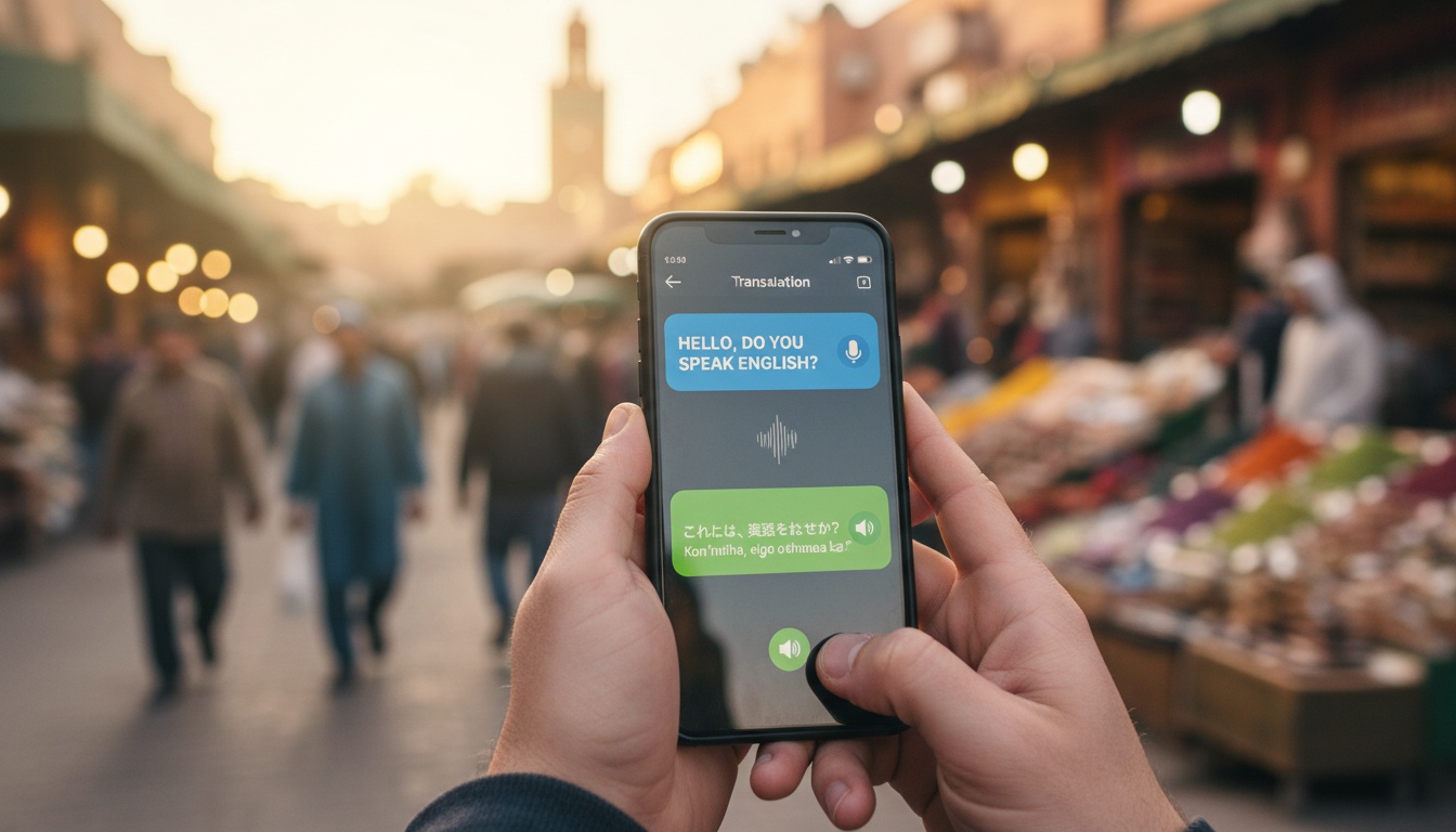 Close-up of smartphone displaying translation app interface with voice input, representing real-time language translation technology for travelers.
