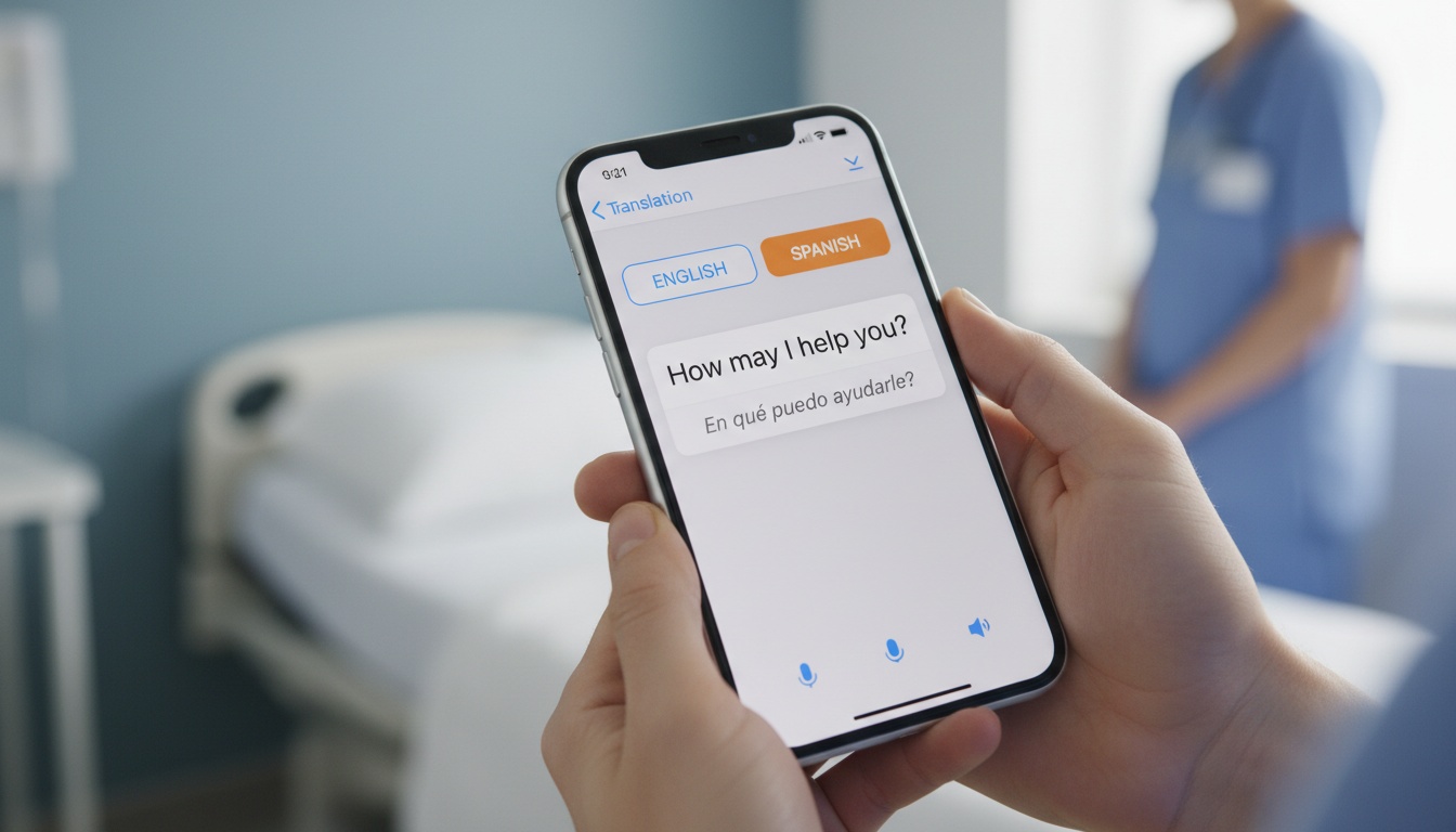 Hands holding iPhone showing translation app with language options, representing medical interpretation setup and accessibility in healthcare settings.