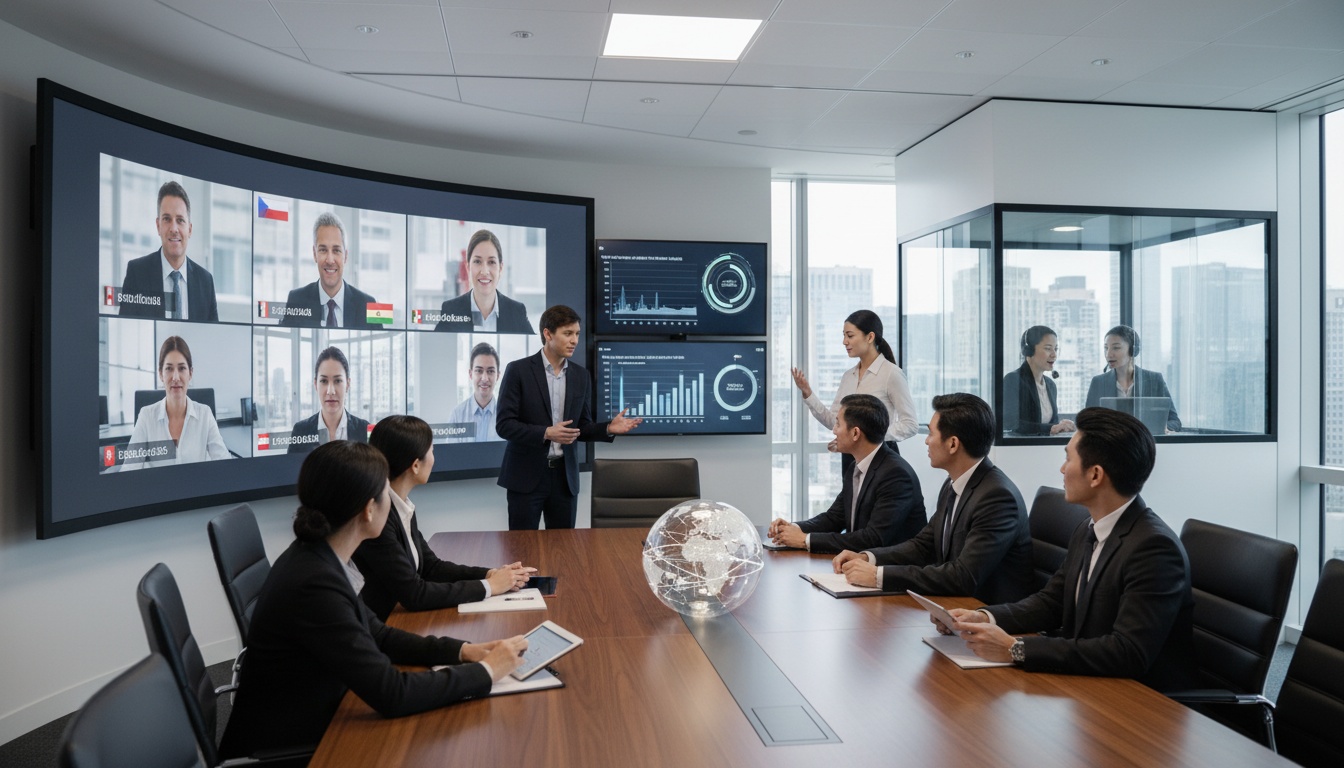 Diverse Fachkräfte in einem modernen Büro führen eine mehrsprachige Videokonferenz mit auf Bildschirmen angezeigten Dolmetscherdiensten durch