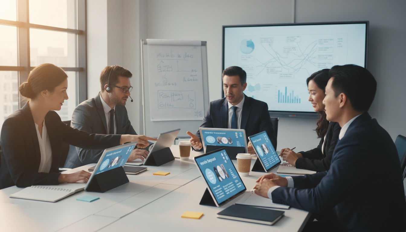 Diverse Fachkräfte in einem modernen Büro arbeiten während eines mehrsprachigen Geschäftsmeetings zusammen, wobei Technologie und menschliche Verbindung sichtbar sind