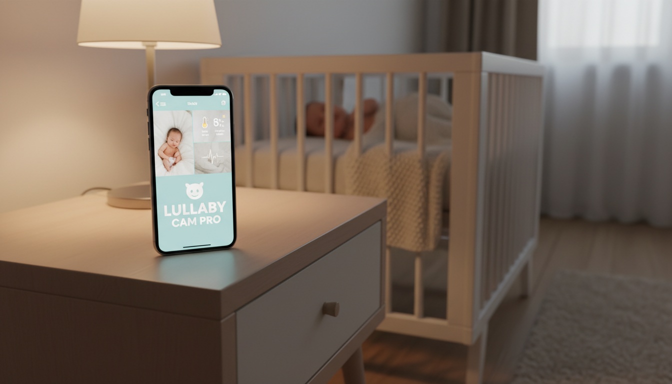 iPhone on nightstand showing baby monitor app with sleeping infant visible in crib, warm lighting, professional home setting.