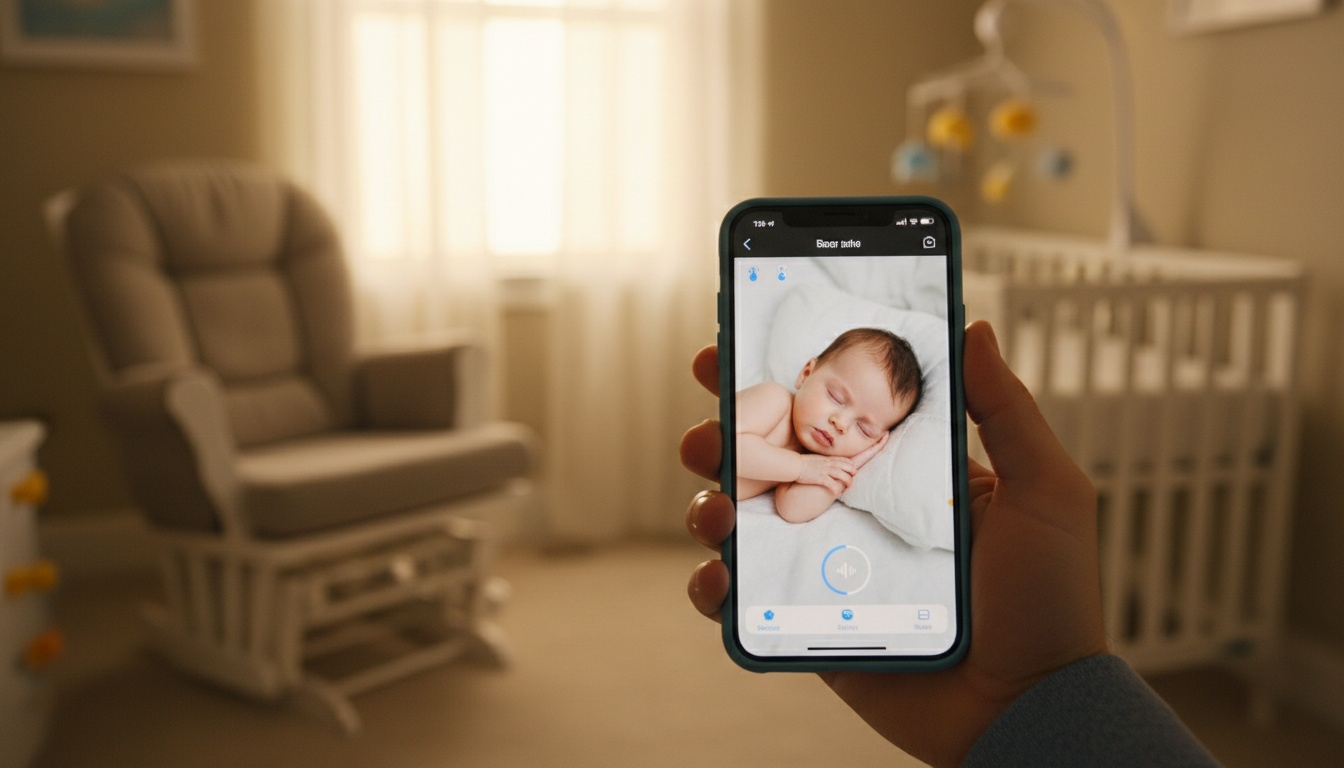 Parent holding smartphone showing baby monitor app with nursery visible in soft focus background, demonstrating mobile monitoring setup.
