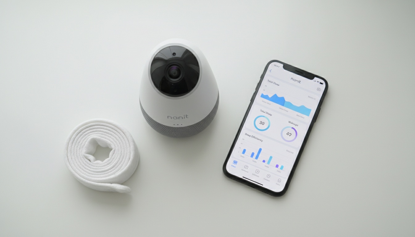 Nanit Pro camera, breathing band, and smartphone app showing sleep data dashboard arranged on white background in flat-lay composition