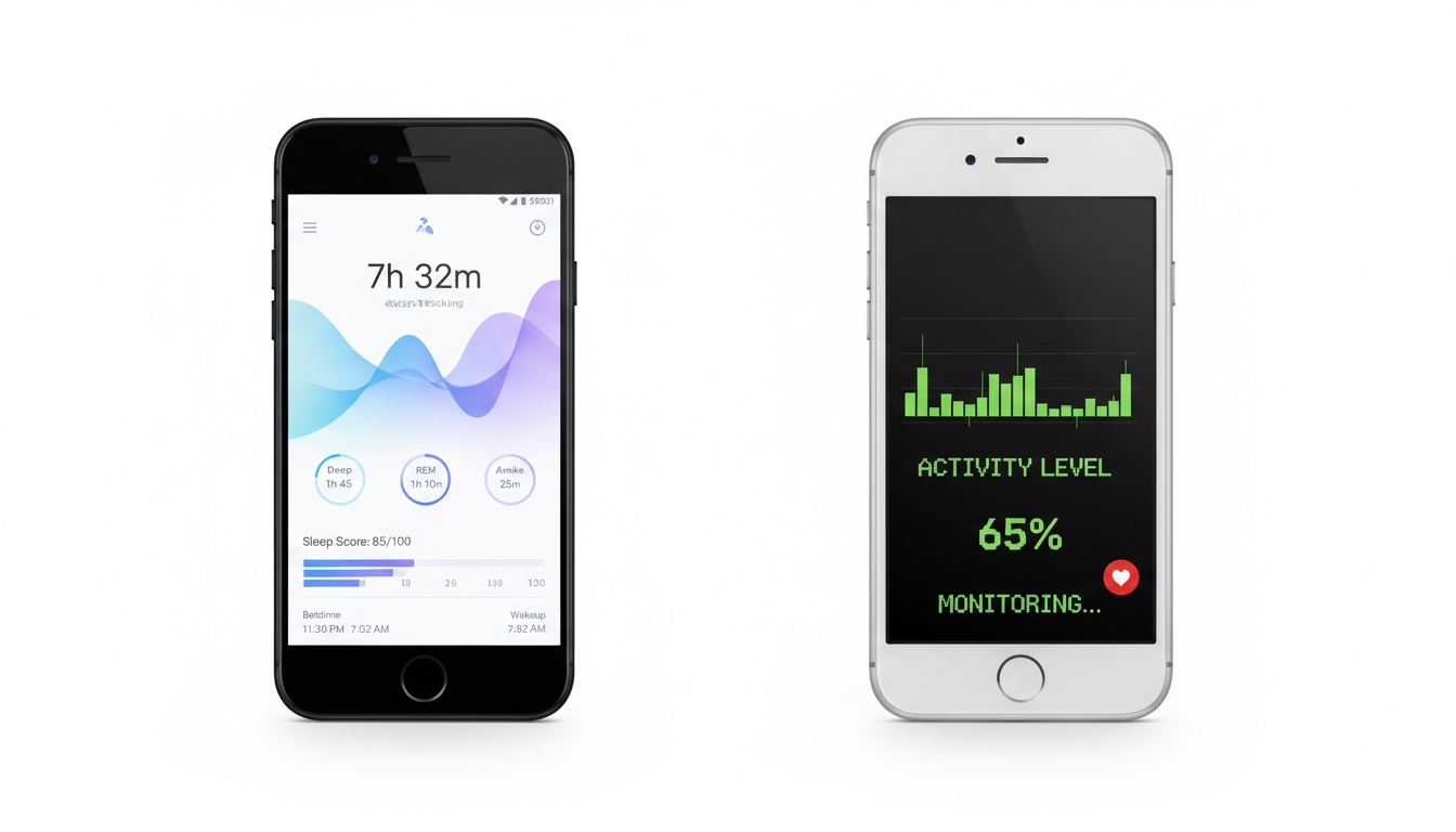 Side-by-side smartphone screens comparing an advanced sleep tracking app dashboard with detailed analytics versus a simple basic monitor interface.