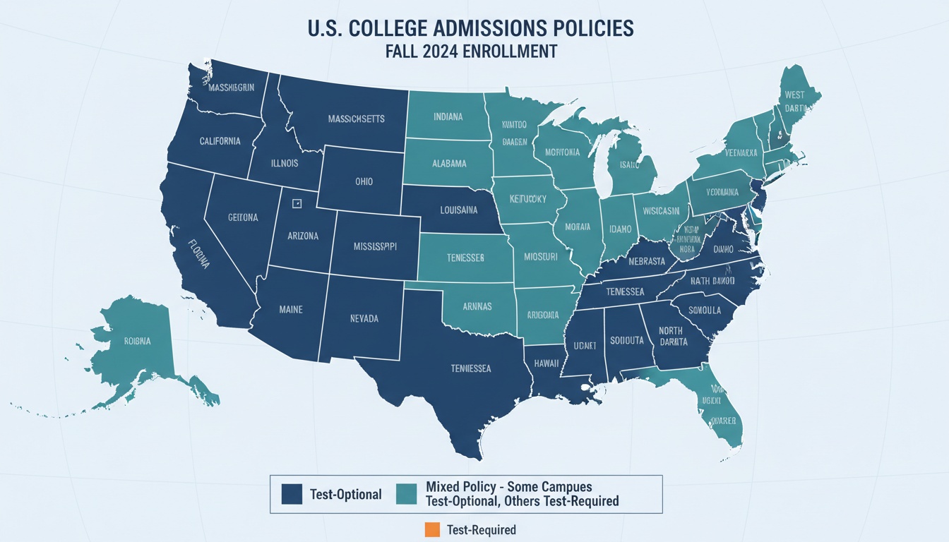 美国各州大学测试可选政策分类彩色地图,呈现明显的地区差异,具有专业制图风格。