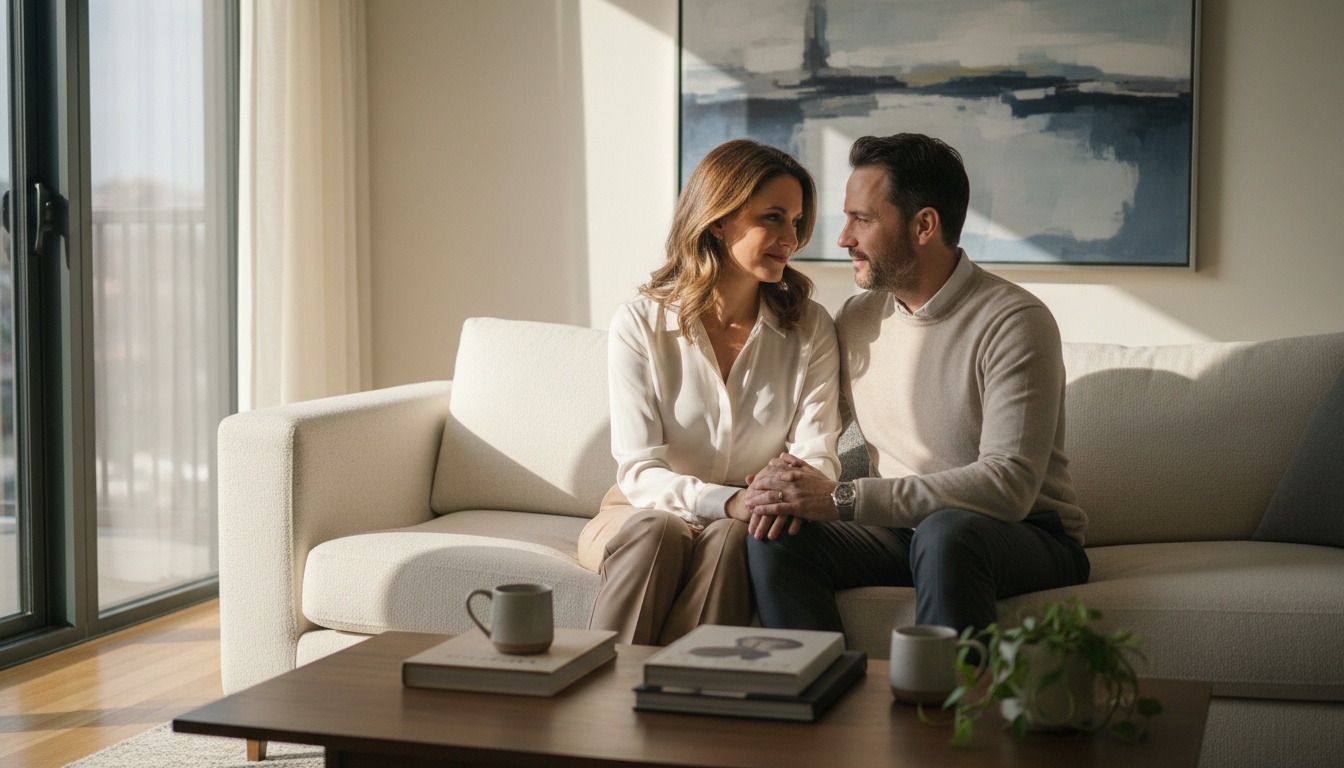 Un couple assis ensemble en conversation, leur langage corporel montrant de l'attention et une connexion émotionnelle malgré d'éventuelles différences de communication.