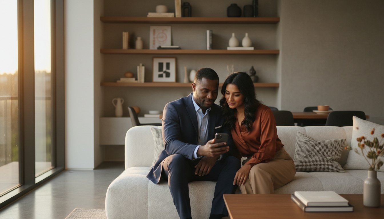 Couple diversifié consultant ensemble un smartphone pendant une conversation significative dans un cadre domestique contemporain avec un éclairage ambiant chaleureux.