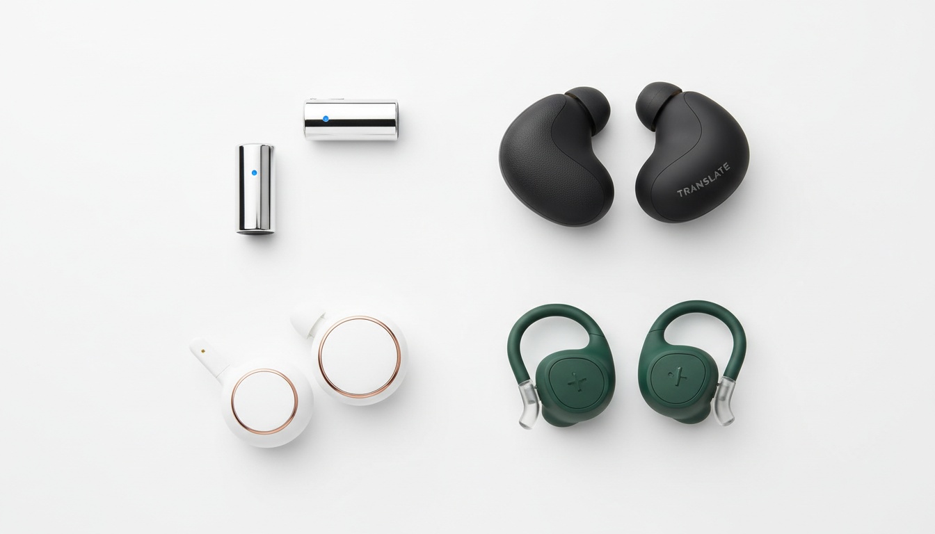Quatro fones de tradução diferentes exibidos lado a lado sobre um fundo neutro, mostrando diferentes designs e tamanhos de dispositivos de tradução sem fio
