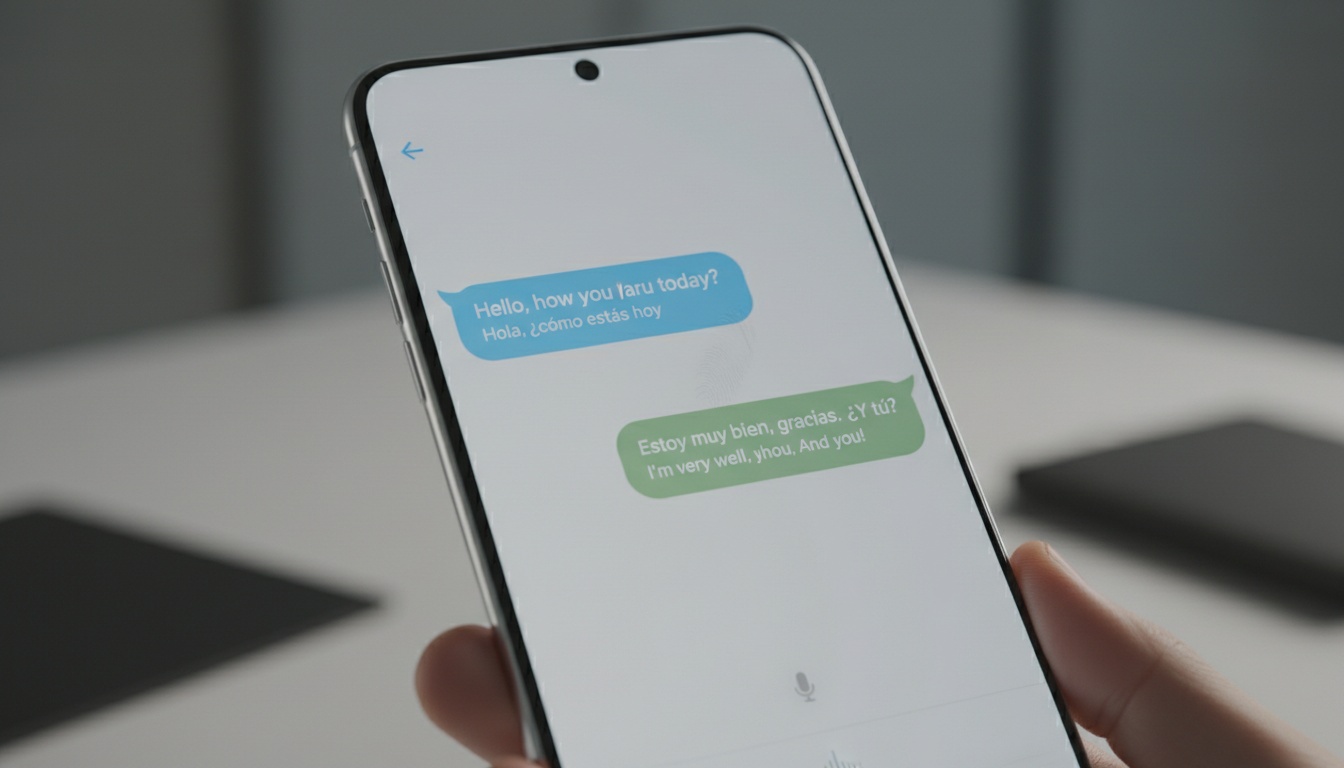Tela de smartphone mostrando uma conversa bilíngue com mensagens traduzidas em dois idiomas exibidas lado a lado para leitura e resposta em tempo real.