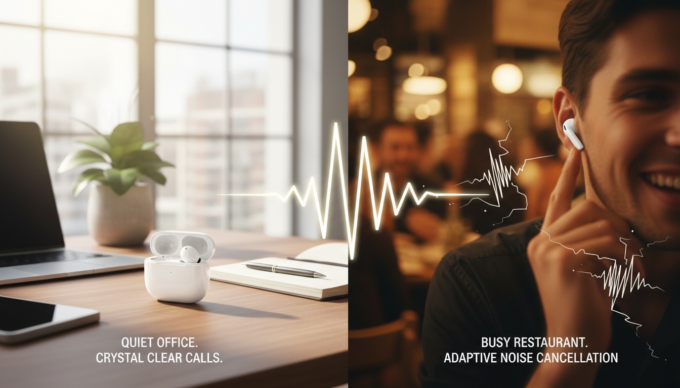 Comparaison en écran partagé d'écouteurs sans fil dans un bureau calme et dans un restaurant bruyant, illustrant l'impact de l'environnement sur la précision et les performances de traduction.